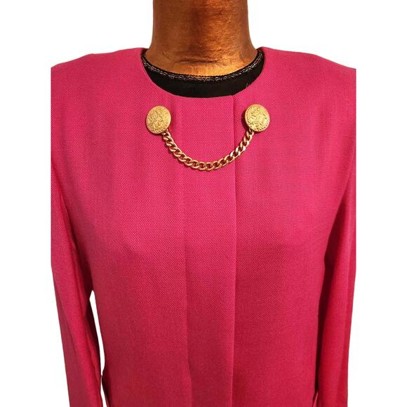 Vintage 1980s Depeche Mode Hot Pink Sheath Dress Gold Button Chain Front Size 10 - Picture 5 of 10
